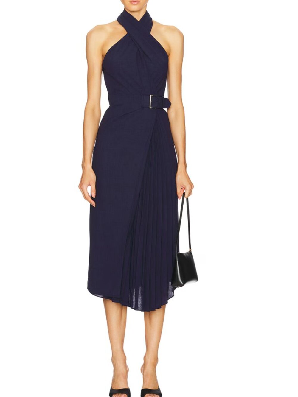 A.L.C. Navy Fiona Halter Midi Dress with Belted Wrap